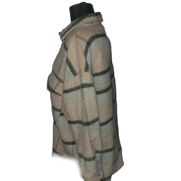 Acoa Oatmeal and Brown Plaid Wool Blend Shacket M - Picture 4 of 6